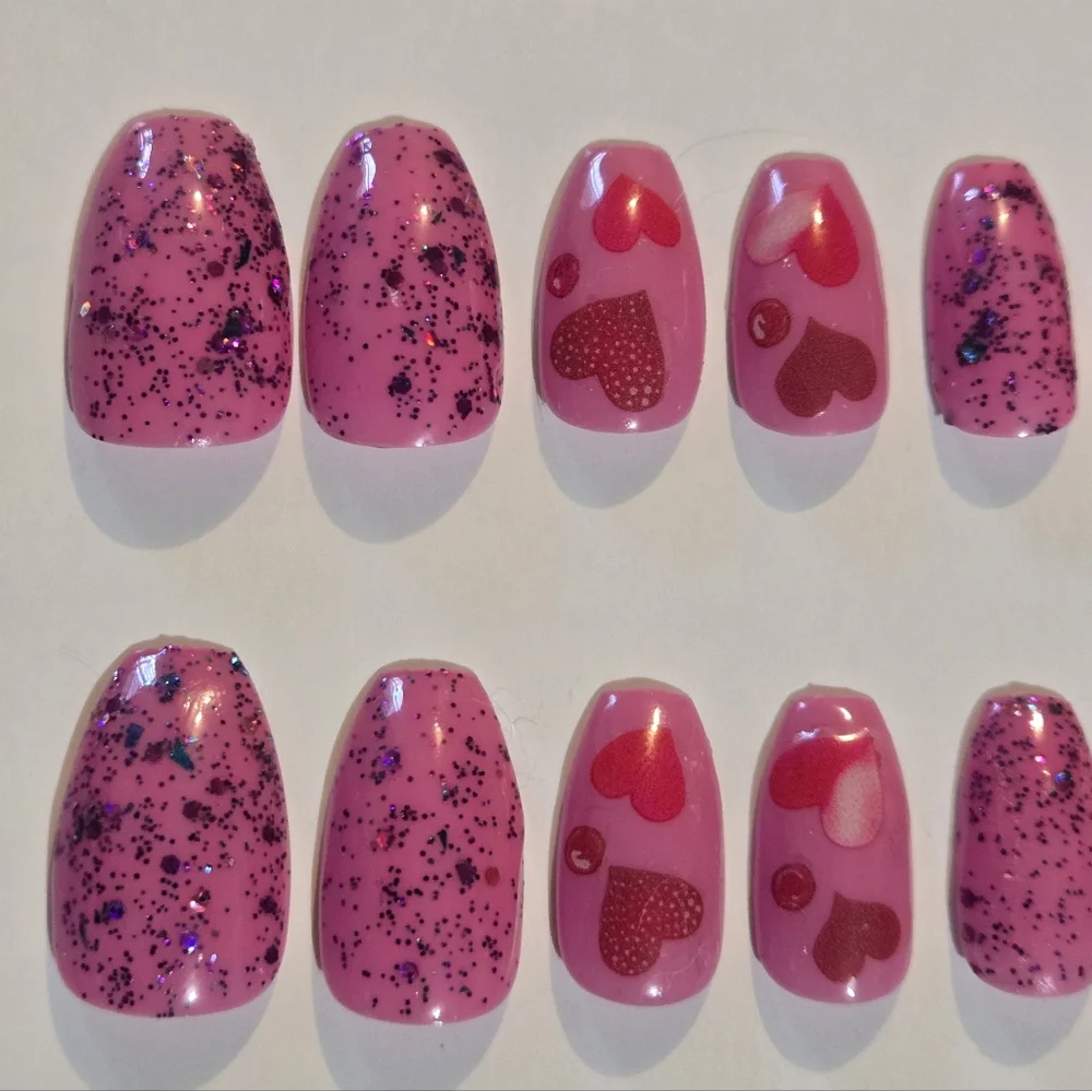 Pink Heart and Glitter Press-On Nails